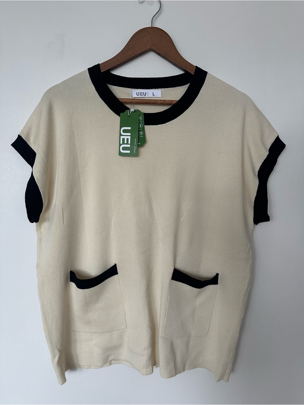 UEU Lounge Knit Top Cream Black Trim Minimalist Pocket Tee L